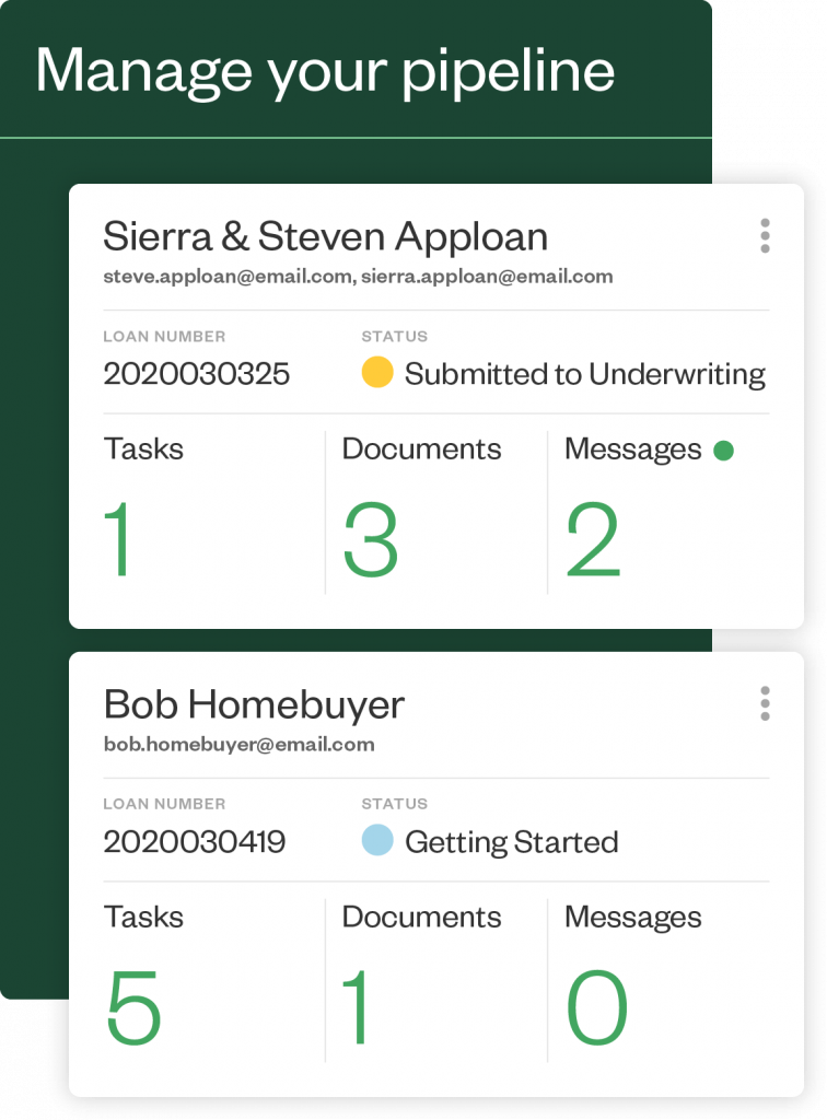 Stylized screenshot of the Maxwell app showing Loan Status: Submitted to Underwriting and another with Loan Status: Getting Started. There is a number of Tasks, Documents, and Messages.