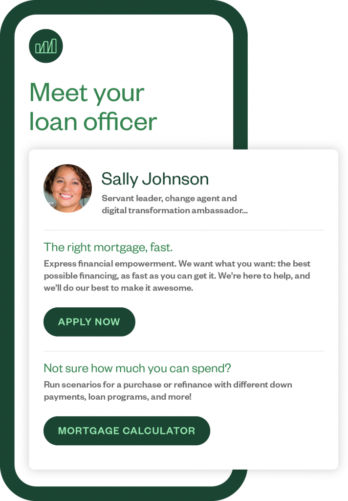 Stylized screenshot of the Maxwell app showing Meet you Loan Officer with sample information and two buttons for Apply Now and Mortgage Calculator.