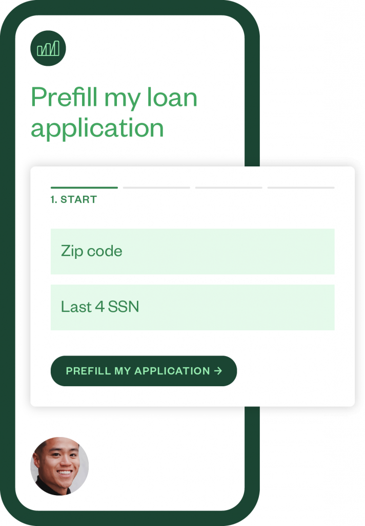 Stylized screenshot of the Maxwell app showing Prefill my loan application with a start screen and a place for Zip Code and Last 4 SSN.