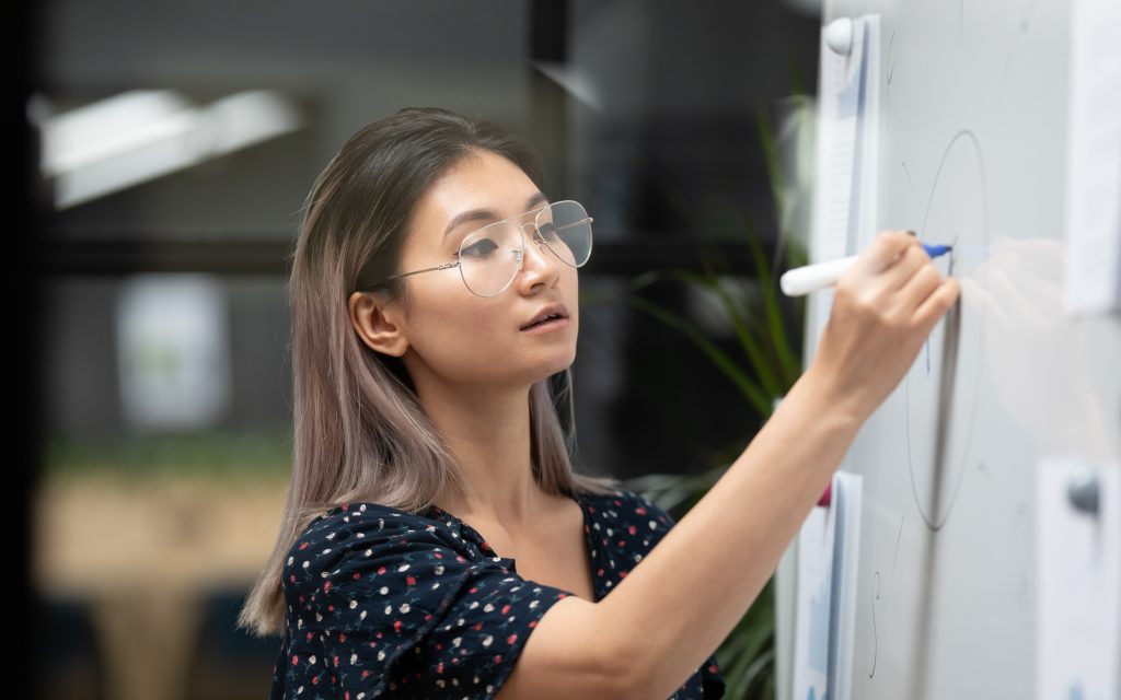 A woman drawing on a whiteboard in an office environment.