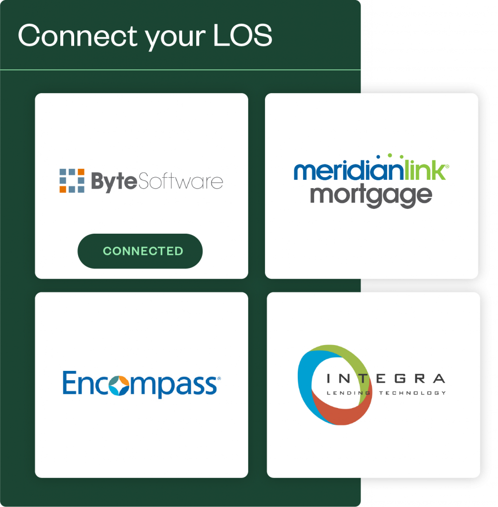 Stylized screenshot of the Maxwell app showing Connect your LOS with Encompass, Meridian Link Mortgage, ByteSoftware (listed as connected), Integra Lending Technology.