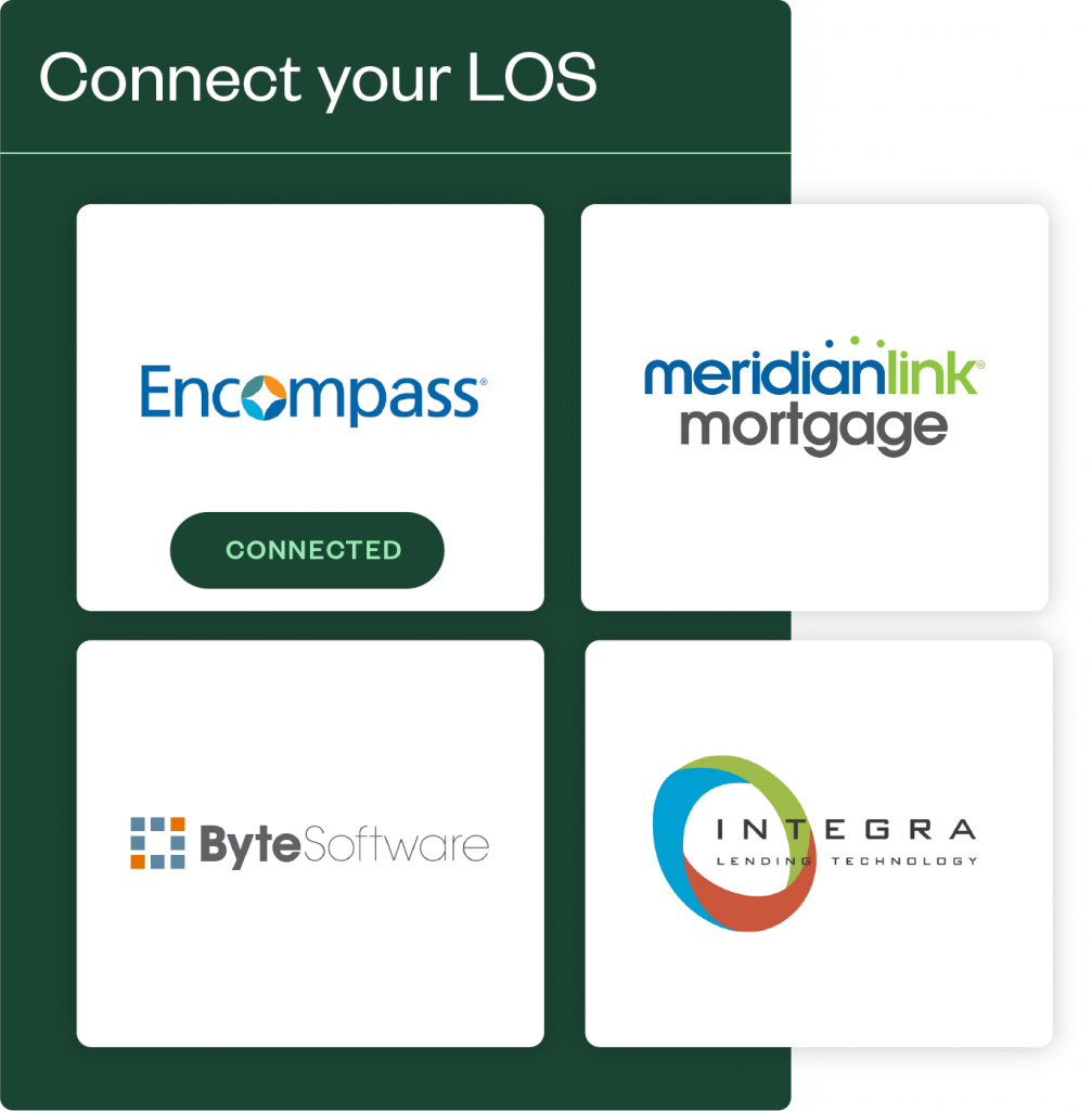 Stylized screenshot of the Maxwell app showing Connect your LOS with Encompass (listed as connected), Meridian Link Mortgage, ByteSoftware, Integra Lending Technology.
