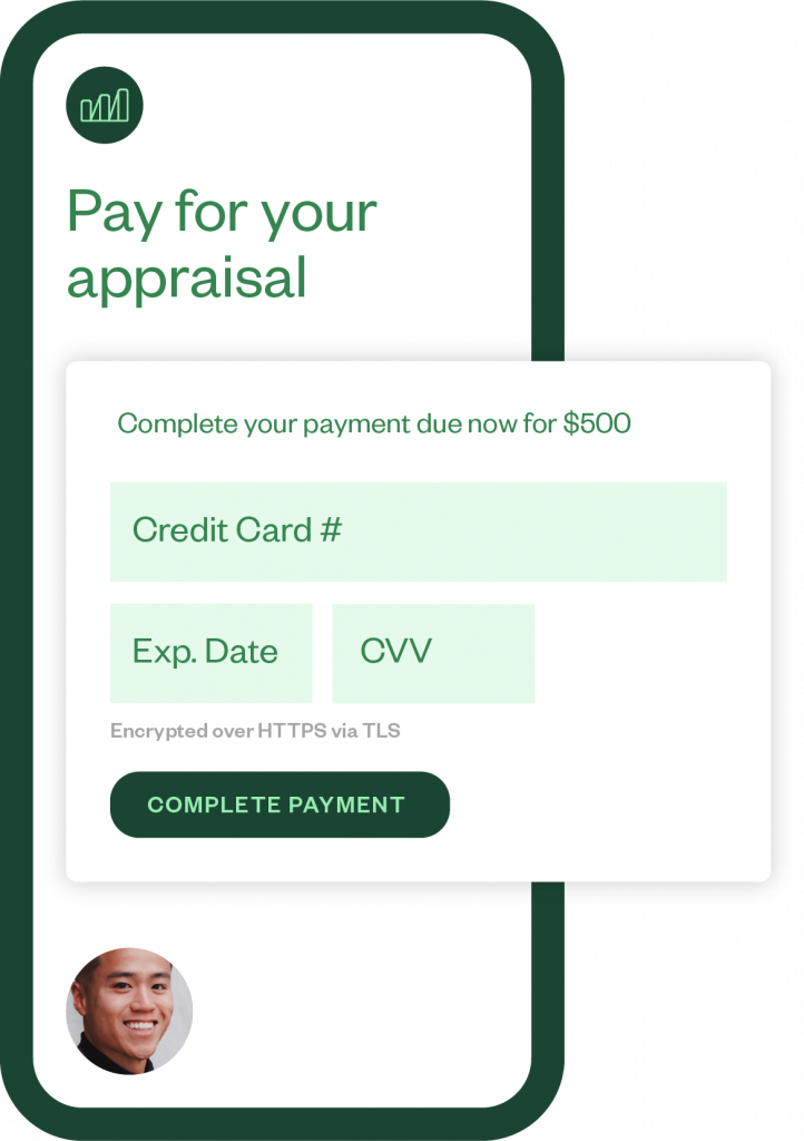 Stylized screenshot of the Maxwell app showing Pay for your Appraisal and credit card input fields.