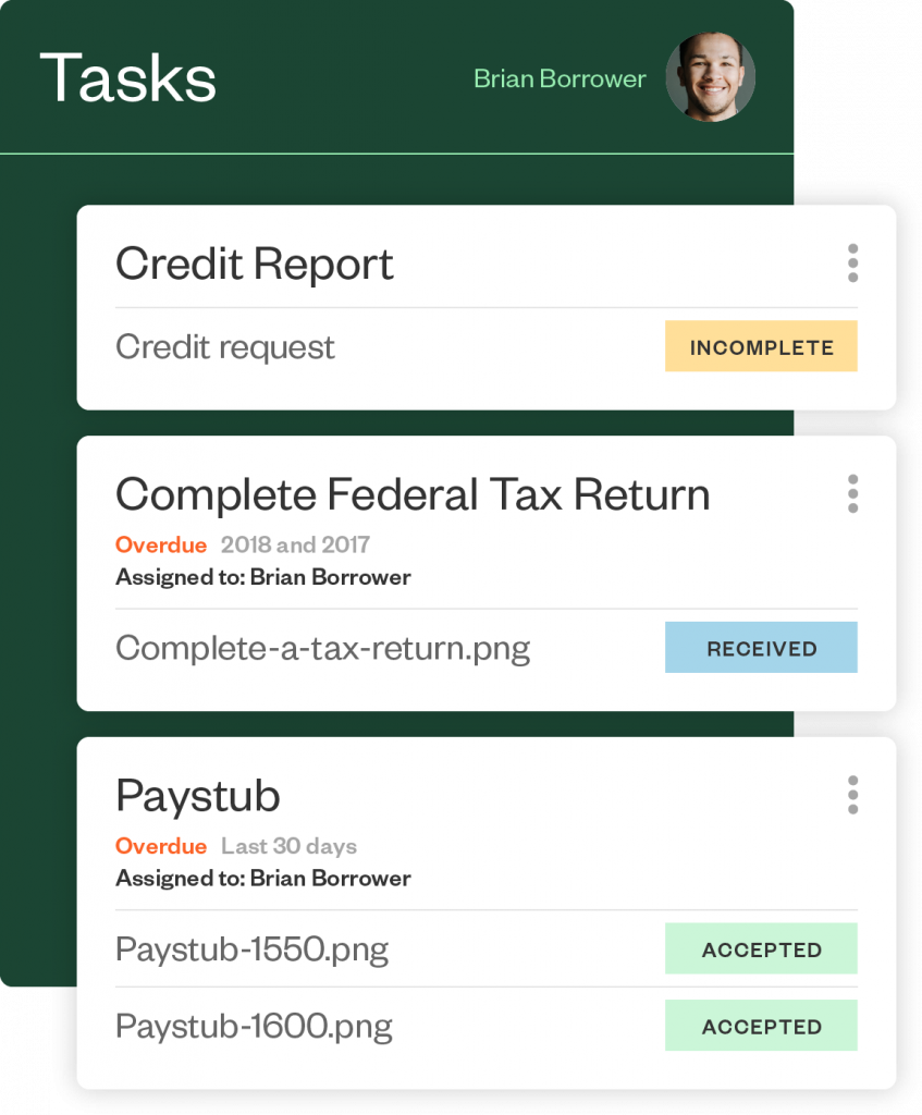 Stylized screenshot of the Maxwell app showing Credit Report, Complete Federal Tax Return, and Paystub for a borrower.